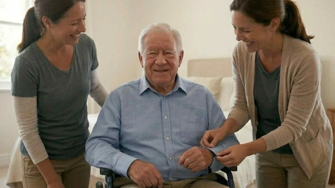 Caregivers assisting a seated person with clothing