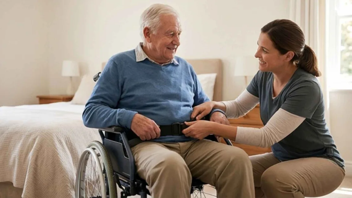 Wheelchair user receiving comfortable dressing support
